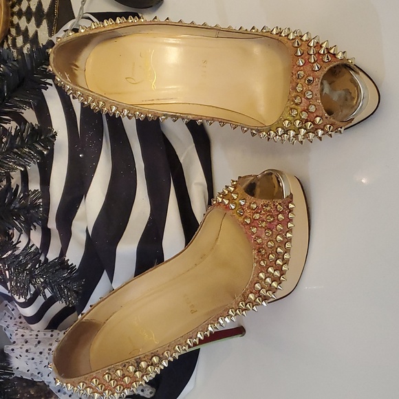 Christian Louboutin Metallic Spike Lady Peep 38.5/ US 8 Cork Multicolor - Picture 13 of 13